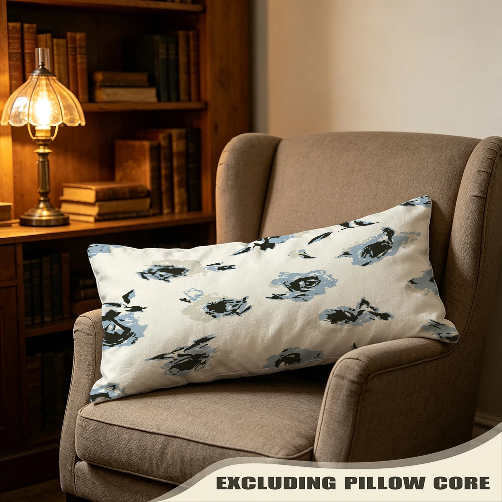 White Blue Cornflower Ditsy Print Long Pillow Cover, Meadow Style, Shop Decorative, Polyester, Decorative Pillow, Soft Touch