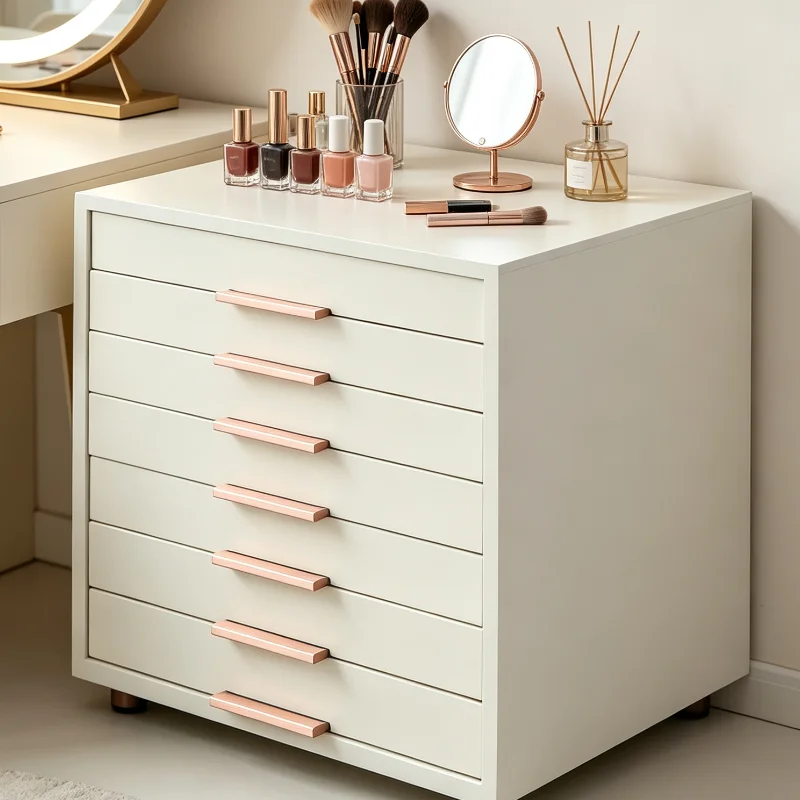 Metal Storage Cabinet With Rose Gold Handles Desktop Organizer For Office Home Jewelry Documents Compact Design