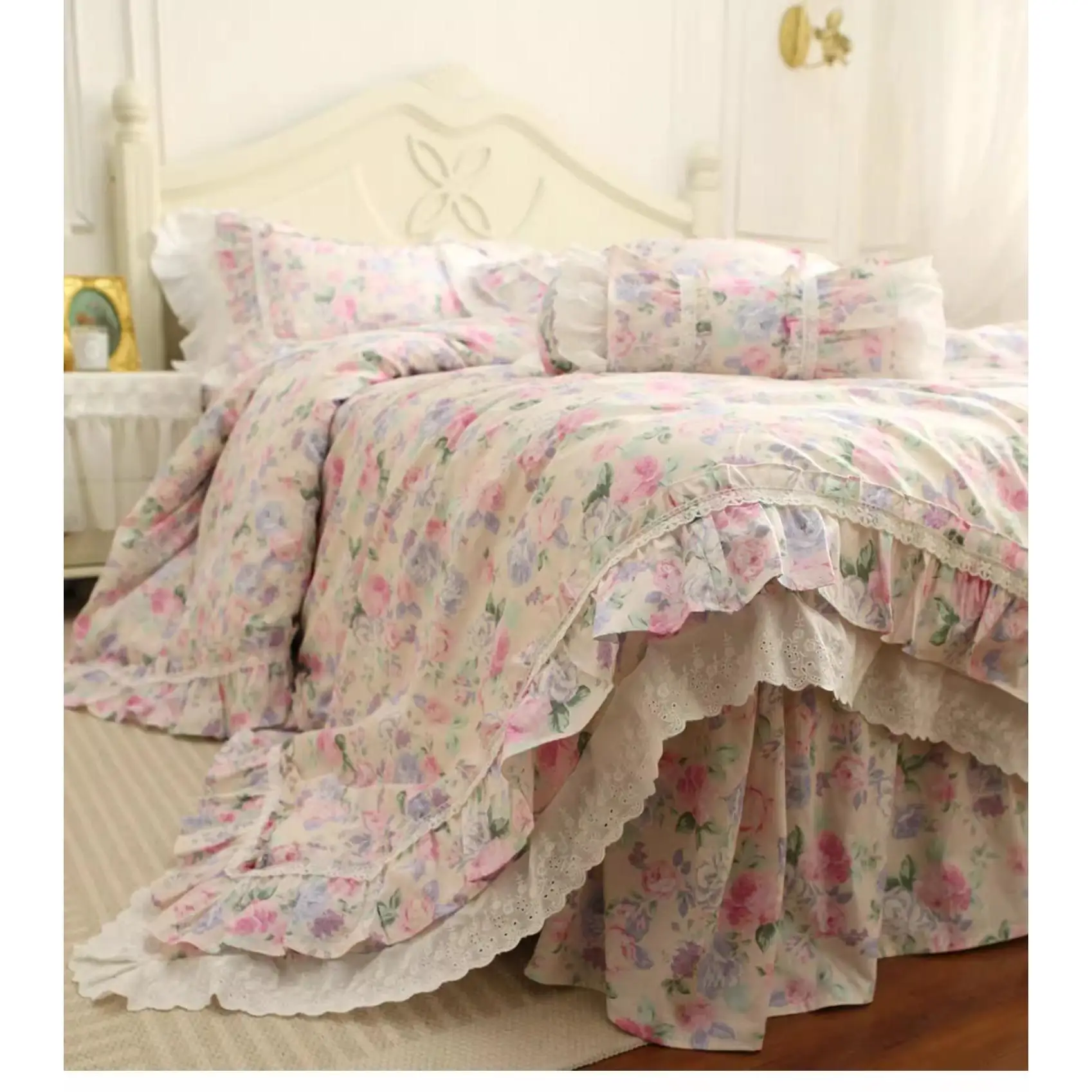 Romantic Quilt Cover French Princess Style Country Rose Floral Lace Bed Covers 100% Cotton Bedding Single Piece Duvet Cover