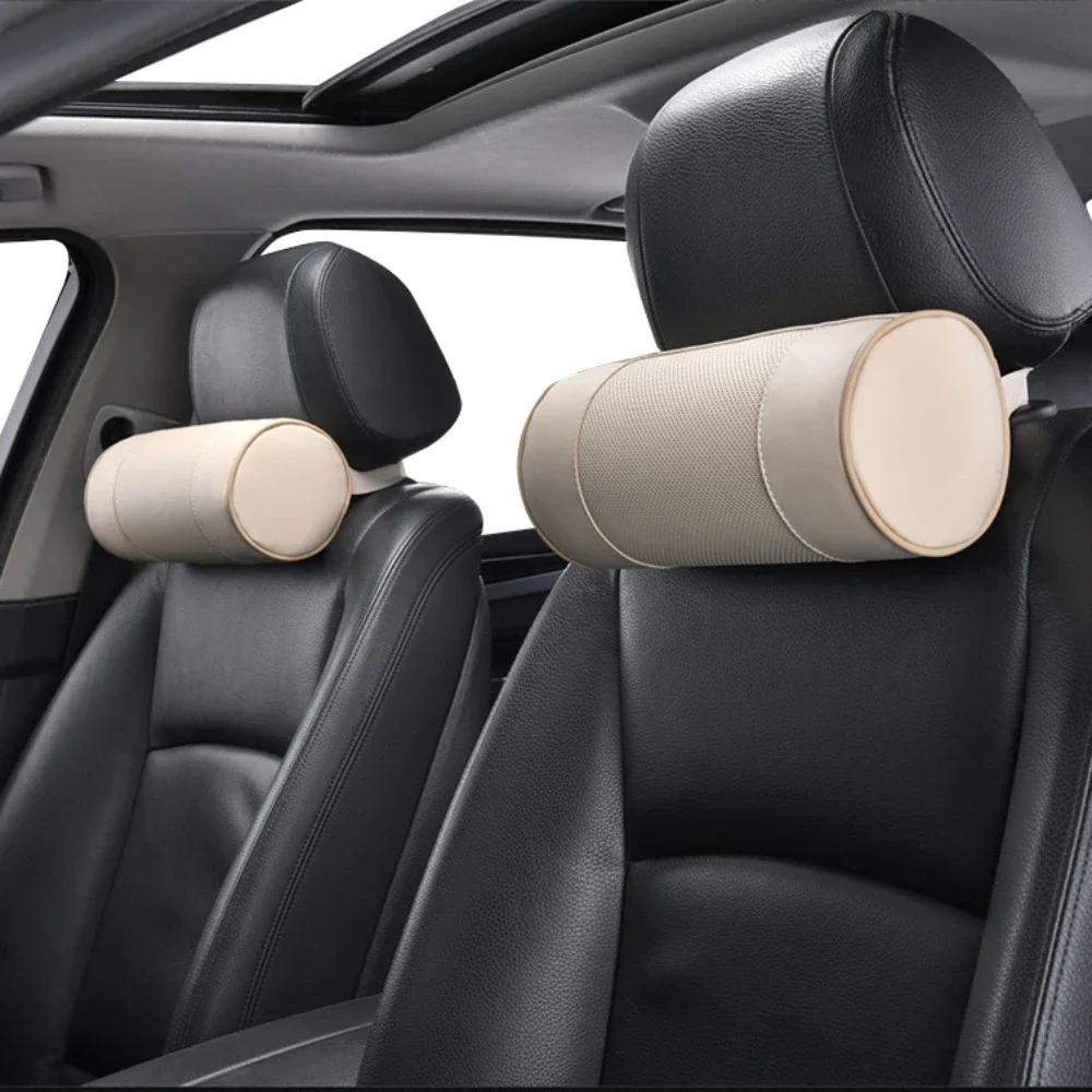 Car Memory Foam Neck Pillow/Genuine Leather Auto Cervical Round Roll Office Chair Bolster Headrest Supports Cushion Pad