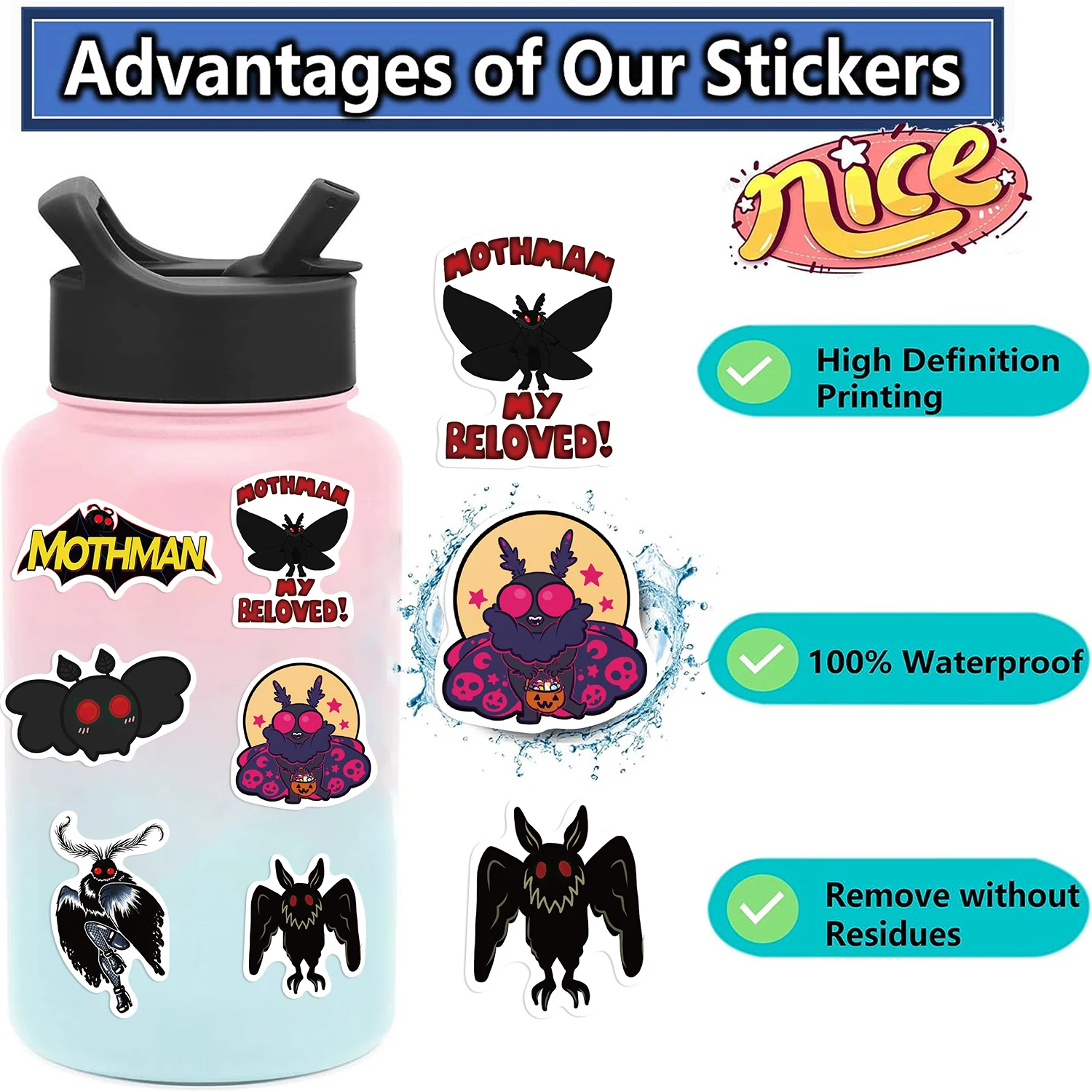 50PCS Cute Cartoon Mothman Stickers For DIY Luggage Laptop Skateboard Motorcycle Bicycle Decals Graffiti Stickers Toys