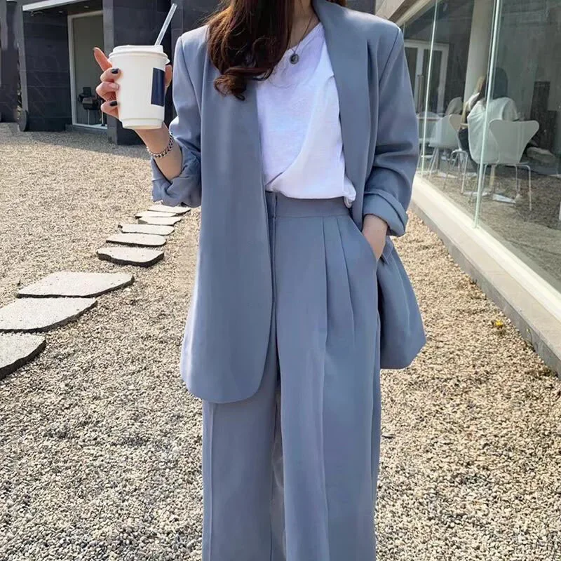 Conjunto de traje informal de estilo coreano para mujer, chaqueta de traje acolchada con hombros holgados, disponible en varios colores, conjunto de pantalones largos, 2025