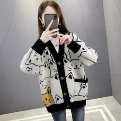 Spring Autumn Fashion Cartoon V-neck Cardigan Women's Sweater Cute Cat Knitted Fashion Long Sleeve Loose Warm Knitted Jacket