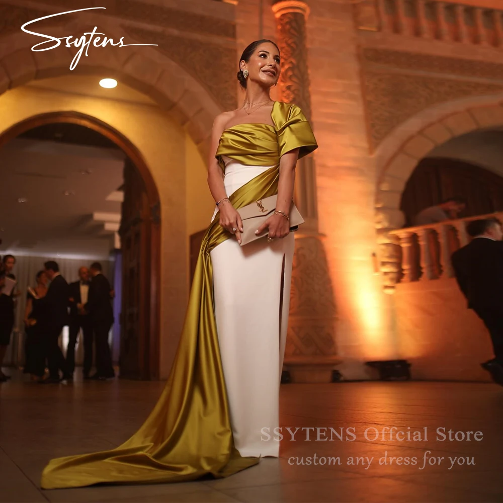 

SSYTENS Elegant Satin Mermaid Evening Dresses Golden One Shoulder Prom Dresses Side Split Formal Occasion Party Dress Customized