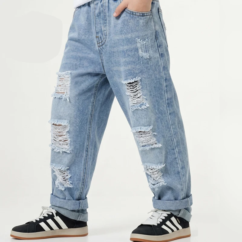 Frühling Herbst Kinder-Jeans Jungen Baumwolle Bedruckte Stretch-Denim-Hosen Koreanische Teenager-Hosen Kinderkleidung Denim-Ripped