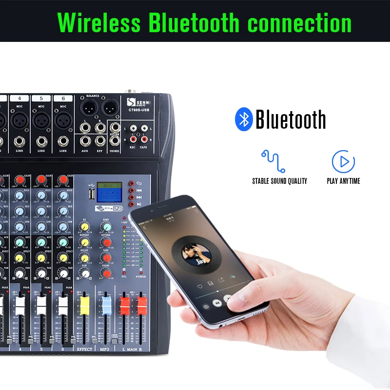 Senmi CT6 Professional Audio Mixer 6 Channel Audio Consolewith MP3 Player+Blue tooth U disk 48V Phantom