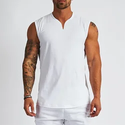 Plain Cotton V-neck Fitness Tank Top Men Summer Muscle Vest Gym Clothing Bodybuilding Sleeveless Shirt Workout Sports Singlets