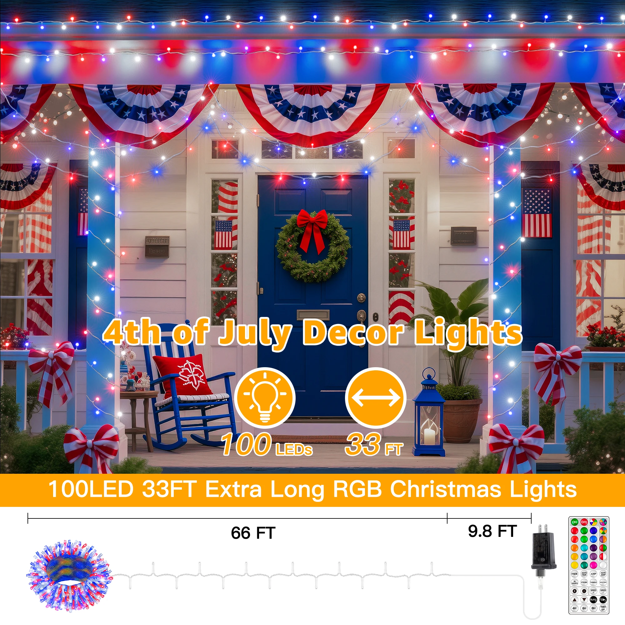 Ollny RGB 4th Lights 100 LEDs 33FT سلك شفاف مع جهاز تحكم عن بعد، سلسلة إضاءة خارجية مقاومة للماء لحفلة عيد الميلاد والهالوين #3
