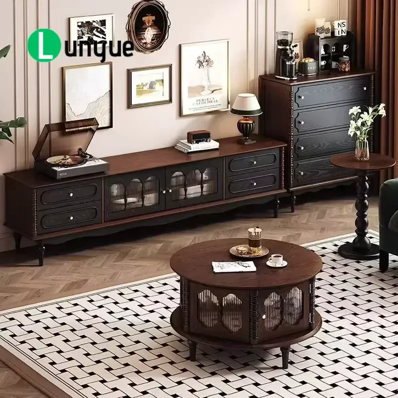 Walnut Round Coffee Table Solid Wood Living Room Furniture Set with Drawers Durable Modern Center Table for Home Decor
