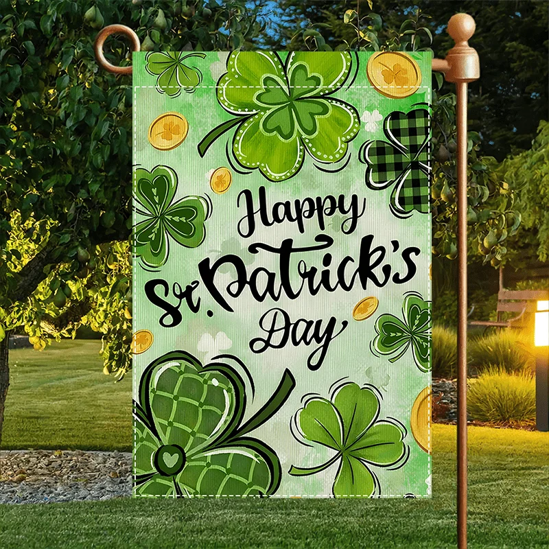VIKAMA Happy St Patrick's Day Double Sided Garden Flag Lucky Four Leaf Clover Design Durable Waterproof Outdoor Garden Decor