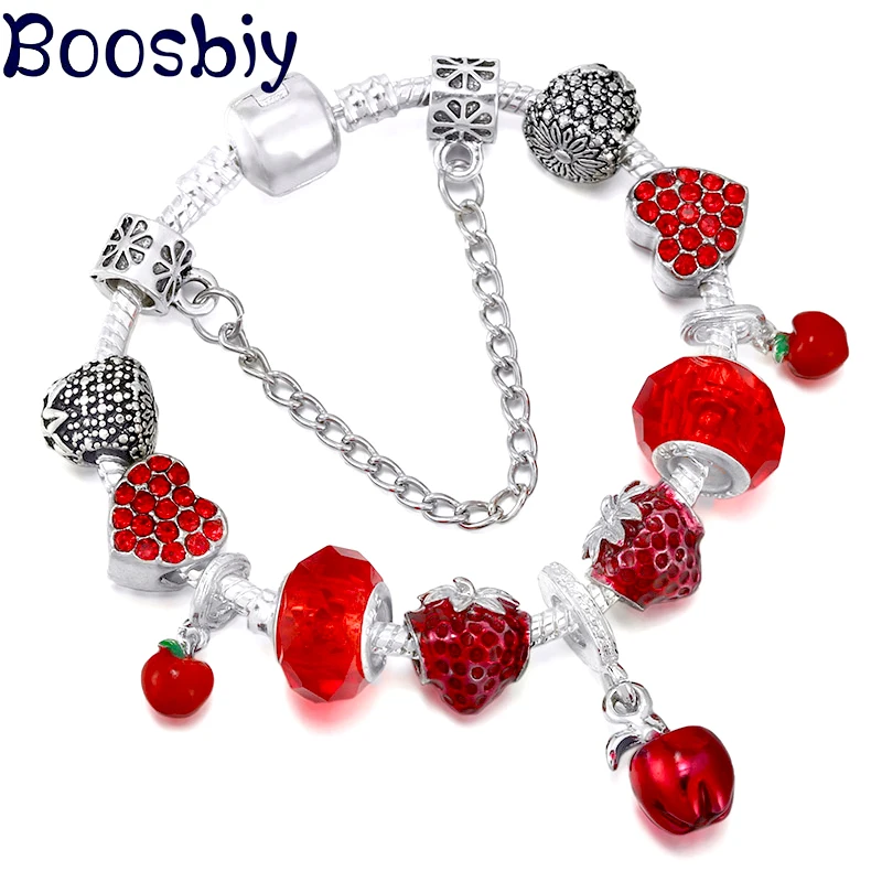 

Red Apple & Strawberry Charm Bead With Heart Pendant Fit Fashion Jewelry Gift DIY Bracelet Making For Women New Design