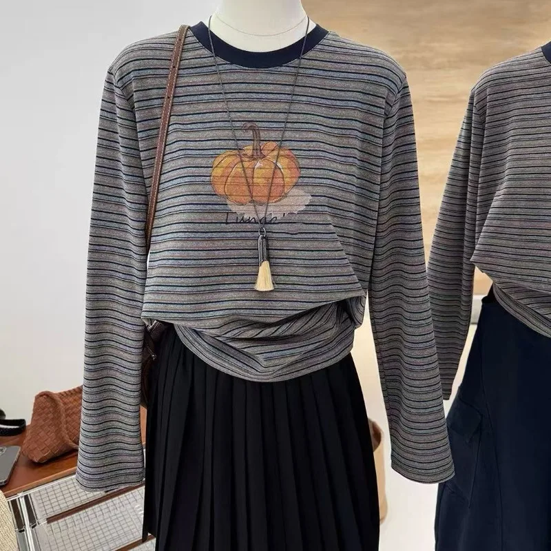 Korean Version Embroidered German Velvet Striped Loose Long-sleeved Round Neck T-shirt Women's Autumn Winter Bottoming Shirt Top