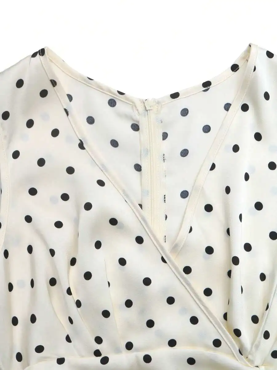 

Womens Polka Dot Print Wrap Dress With Ruffle And Faux Pearl Button