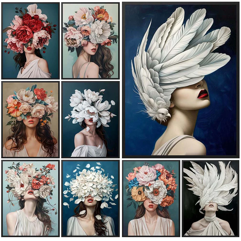 

Vintage Feather Flower Headwear Girl Woman Poster Wall Art Canvas Painting Home Decor Wall Pictures For Living Room Unframed