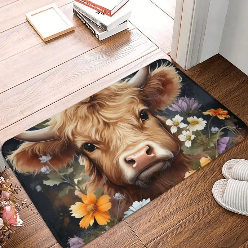 Custom Highland Cow And Floral Doormat Non-Slip Entrance Bathroom Kitchen Door Floor Mat Bedroom Balcony Carpet Rug