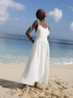 Bornladies Spring Summer Beach Style Women Dress Vintage Loose A-line Sling Dress Sexy Hot Girl 100% Cotton V-neck Dress - Image 5