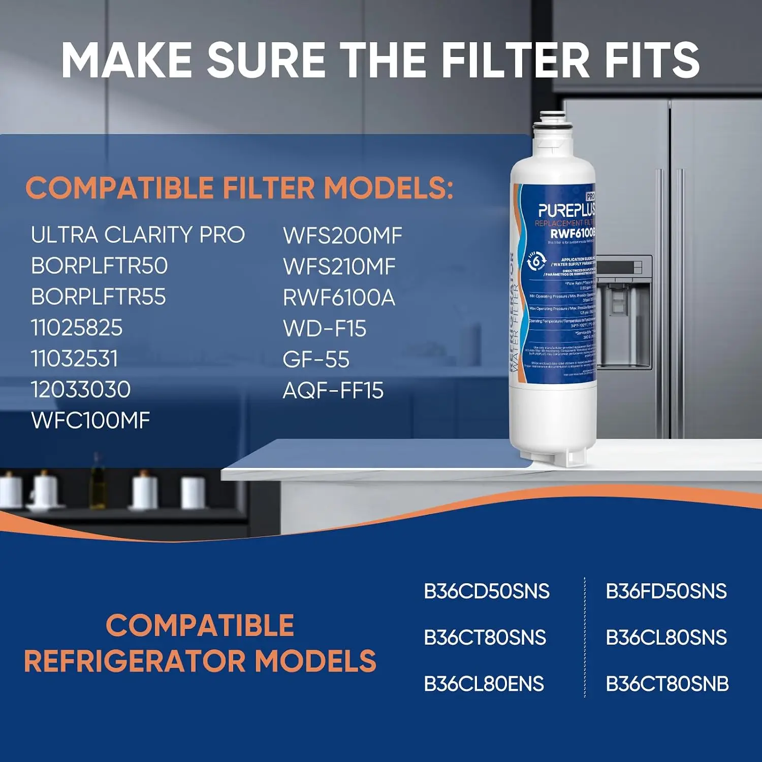 2 Pack Water Filter Replacement Cartridge, Refrigerator Water Filter Compatible with BORPLFTR50, Clean Drinking Water Filtration System