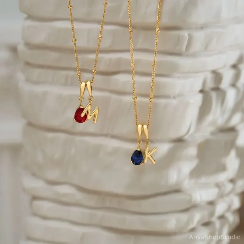Custom Bubble Letter Necklace with Birthstone, Personalized Birthstone Necklace, Gold Initial Necklace, Women Necklace Birthday