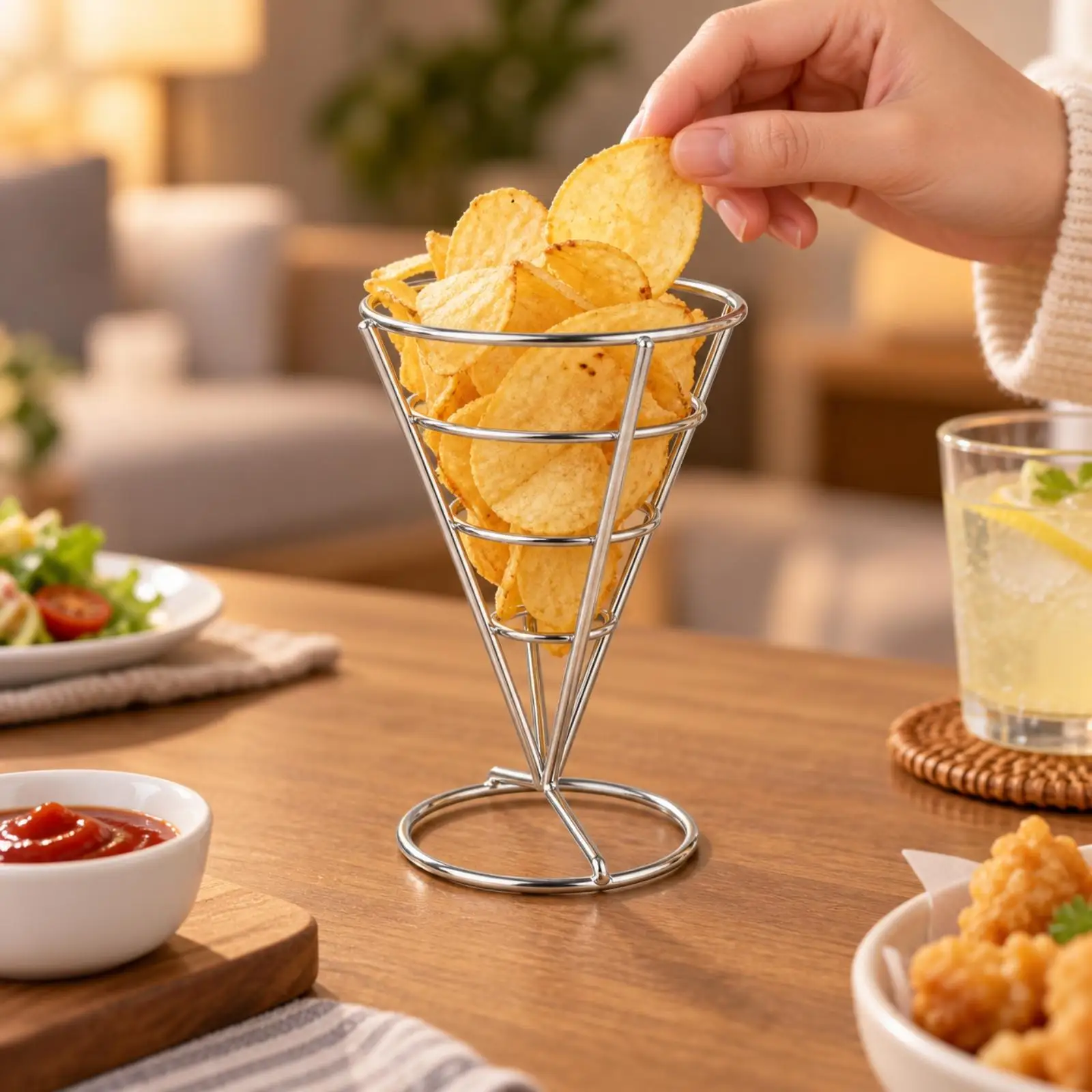 Stainless Steel Cone Snack Holder for Chips Fries Wire Rack with Round Base for Cafe Bistro Countertop Display Stand