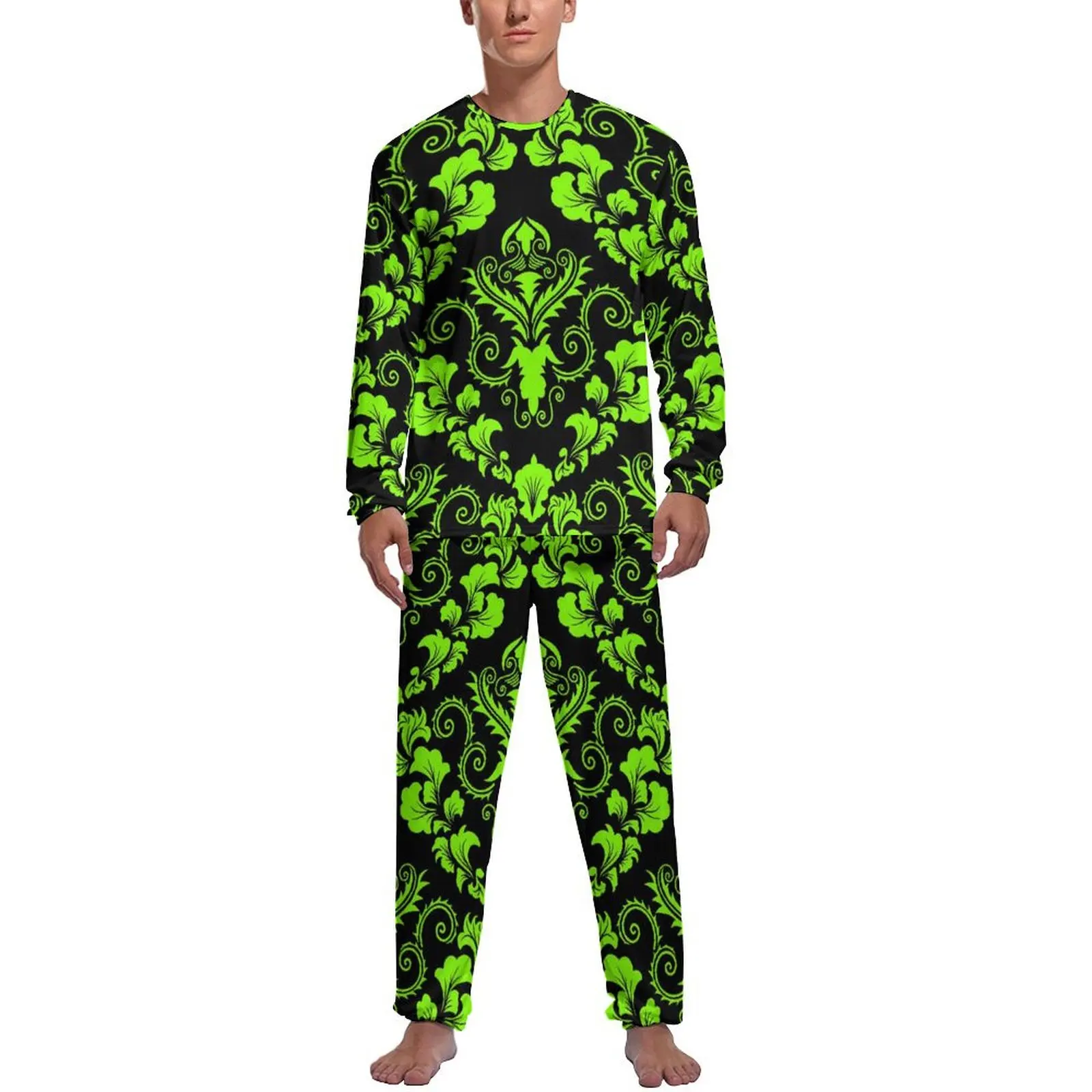 Green Black Damask Pajamas Winter 2 Piece Retro Print Soft Pajama Sets Men Long-Sleeve Casual Graphic Sleepwear