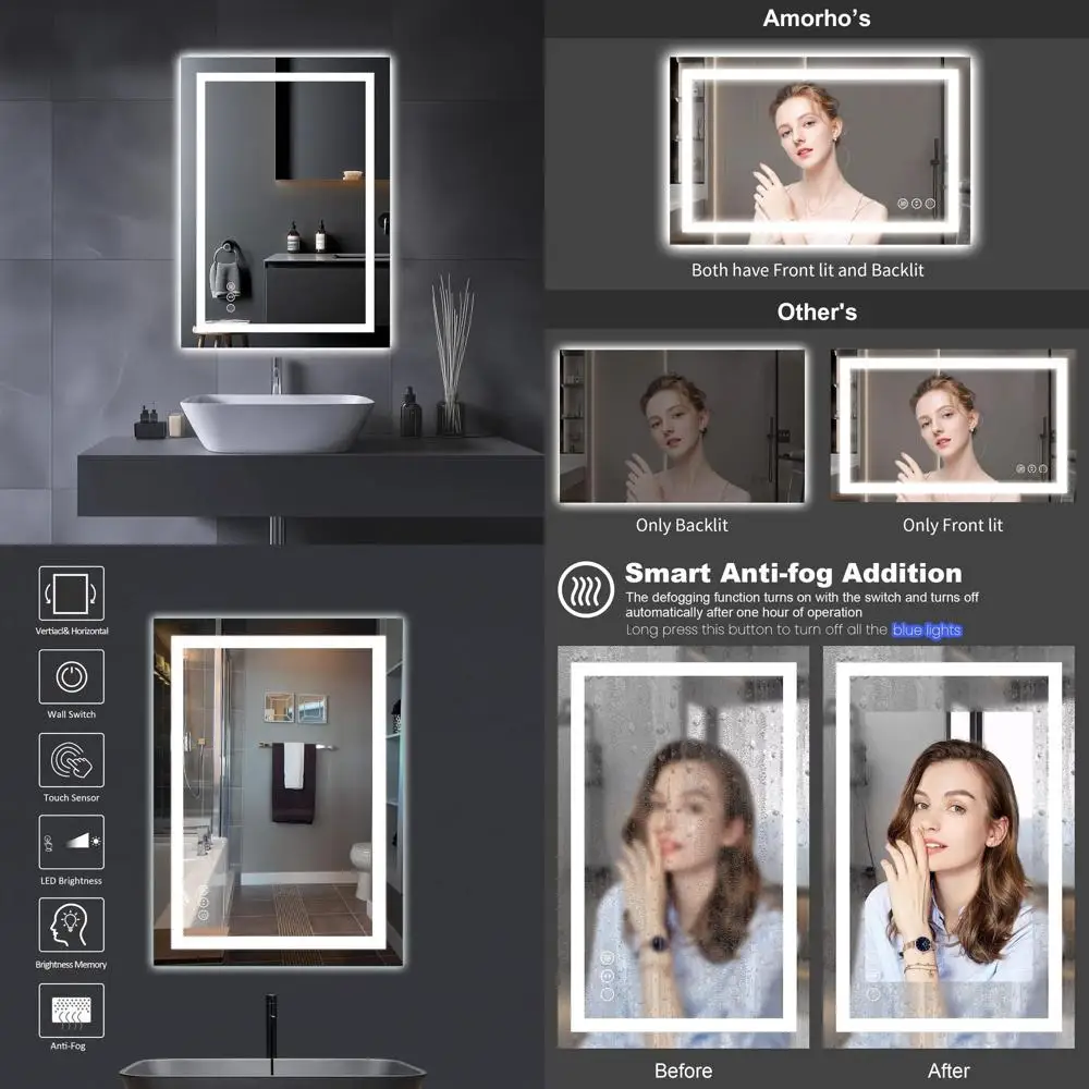 Espejo de baño iluminado por LED 20x28 con antivaho, inastillable, iluminación de 3 colores, espejo de tocador de montaje en pared