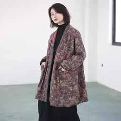 Women Long Coat Chinese Style Full Cotton V-Neck Solid Thick Winter Casual Single Button Vintage Women Long Coat Quilted Coats