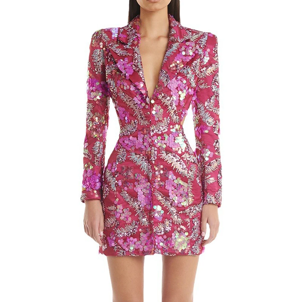 TWOTWINSTYLE Hit Color Spliced Sequines Mini Dresses For Women Lapel Long Sleeve Backless High Waist Slimming Dress Female New