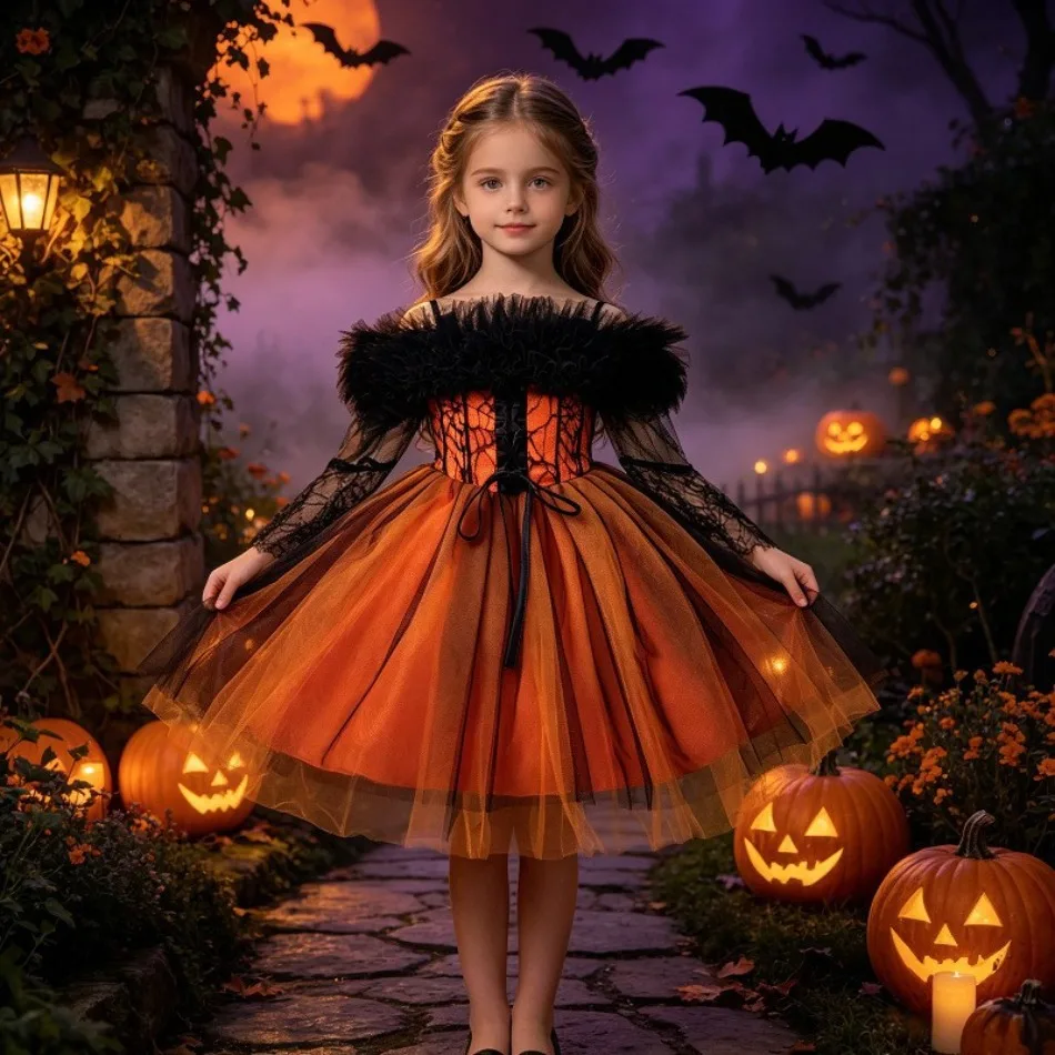 Vestido de Halloween para niñas con hombros descubiertos, plumas y encaje, vestido de tul con diseño de telaraña, negro y naranja, disfraz elegante para fiesta de cosplay ASQ03