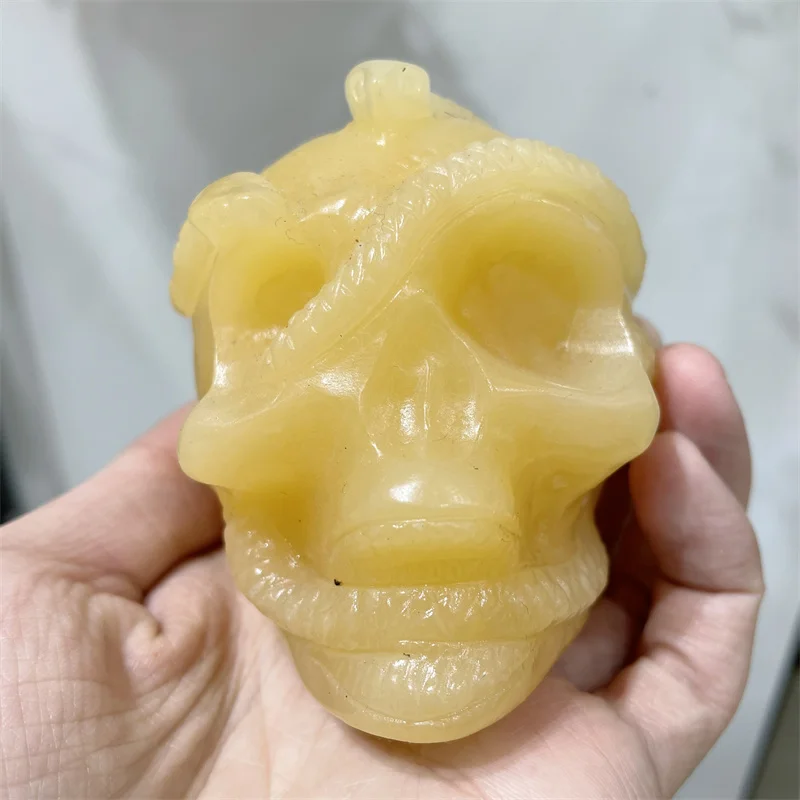 

Natural High Quality Yellow Calcite Crystal Snake Skull Hand Carved Healing Energy Crafts For Halloween Decoration Gift 1pcs