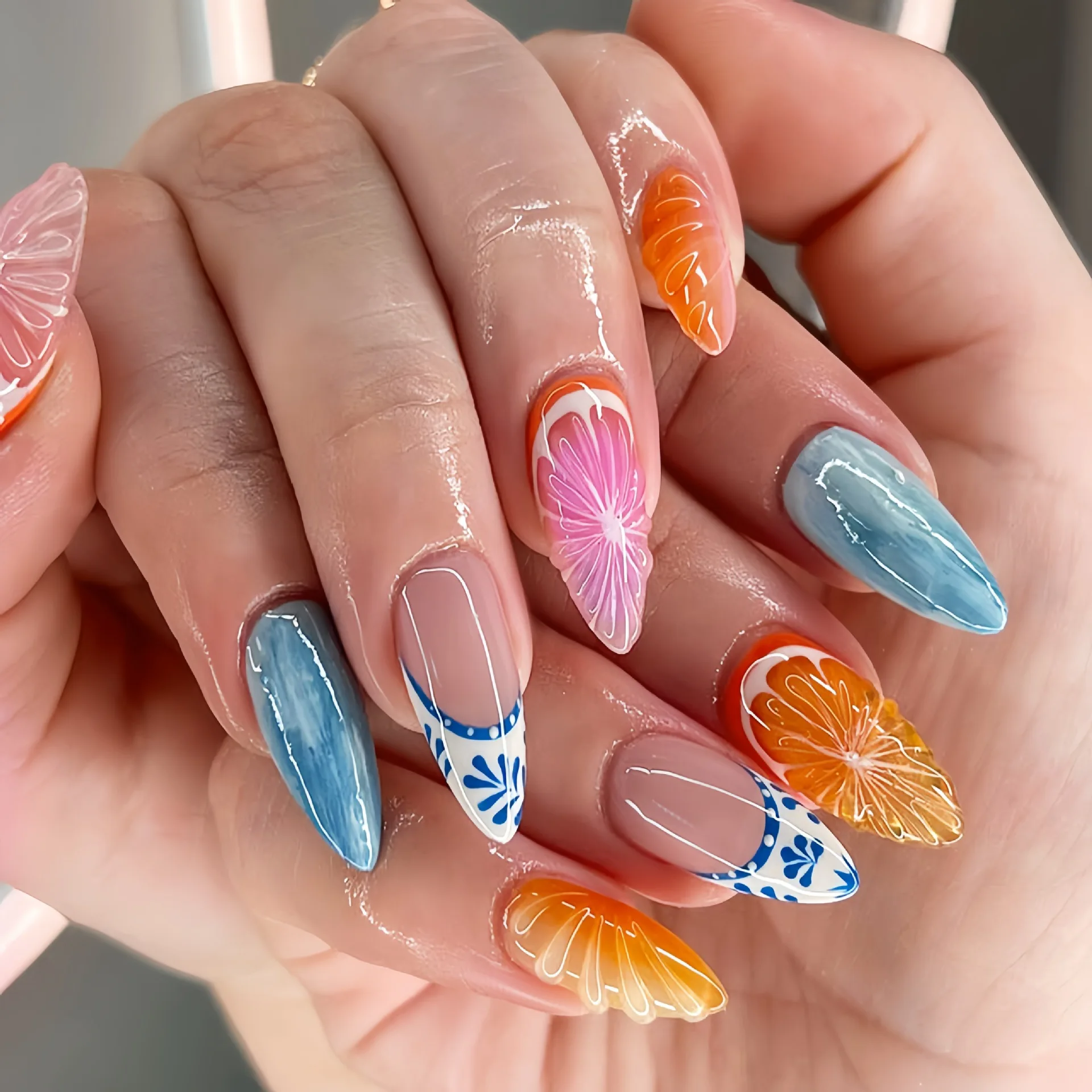 3D Orange Fruit Design Almond Press on Nails French Style False Nails Tips Sweet Almond Fake Nails Fruit Party Grape False Nails