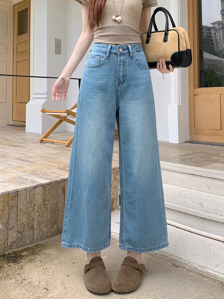 

Retro Washed High Waist Wide Leg Jeans Women's Summer New Style Slim Straight Cut Nine Point Pants Casual Blue Denim Skinnies