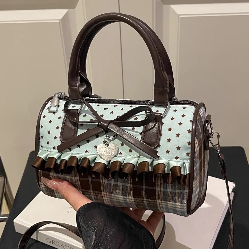 Korean Bow Pillow Bag Women Star Checkered Handbag Blue Brown Pleated Edge Shoulder Bag Cute Heart-shaped Pendant Crossbody Bag