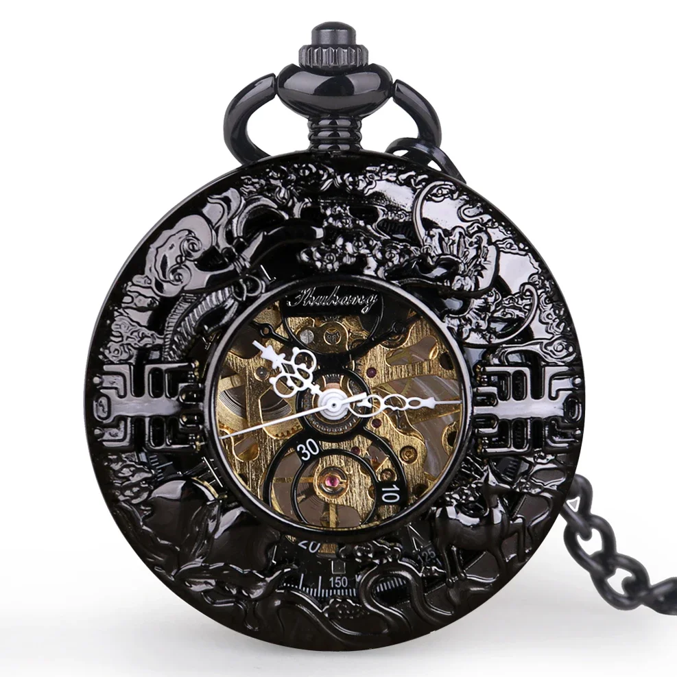 Orologio da uomo accessorio retrò Orologio da tasca con orologio completamente nero con catena FOB Regalo souvenir con ciondolo collana al quarzo alla moda unica