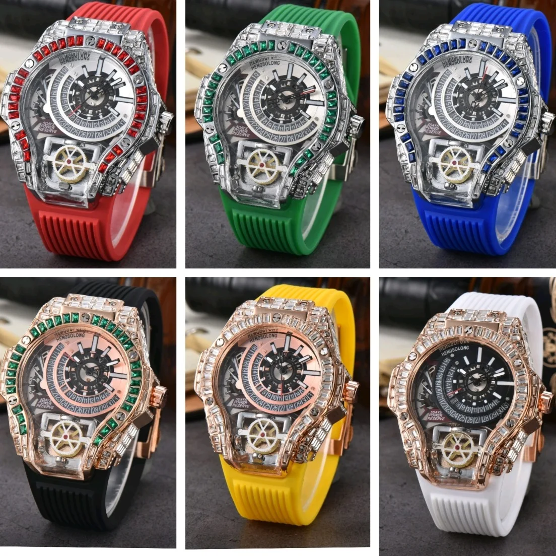 Full diamond Case Business Luxury Top Mens Watches Rubber Strap Color Style Quartz Watch Men AAA Clocks Relogio Masculino