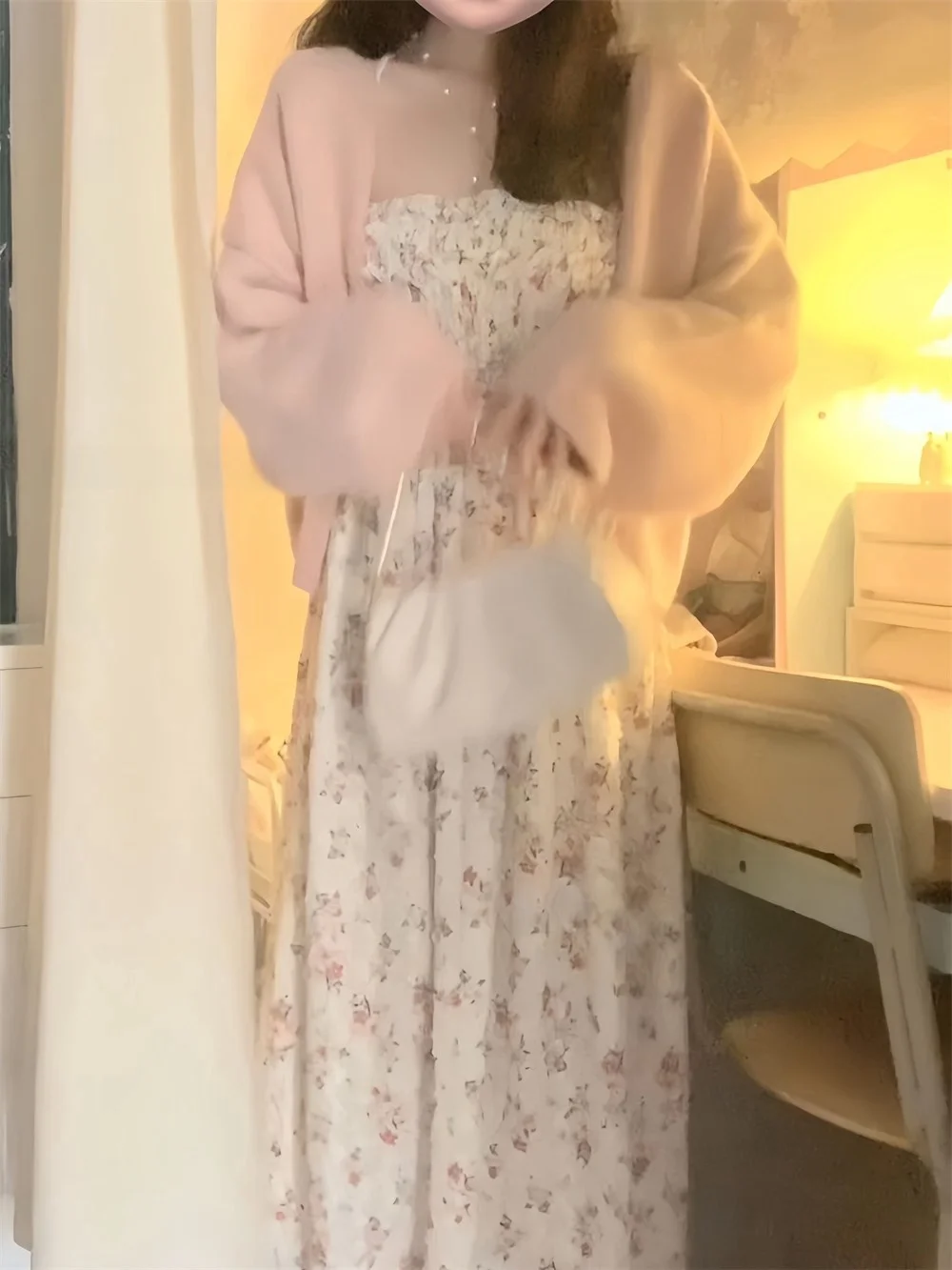 Fashionable Korean Floral Print Gingham Trim Strap Dress Women's Style Ear Mushroom Two-Piece Set Pink Sweater Cardigan Autum...