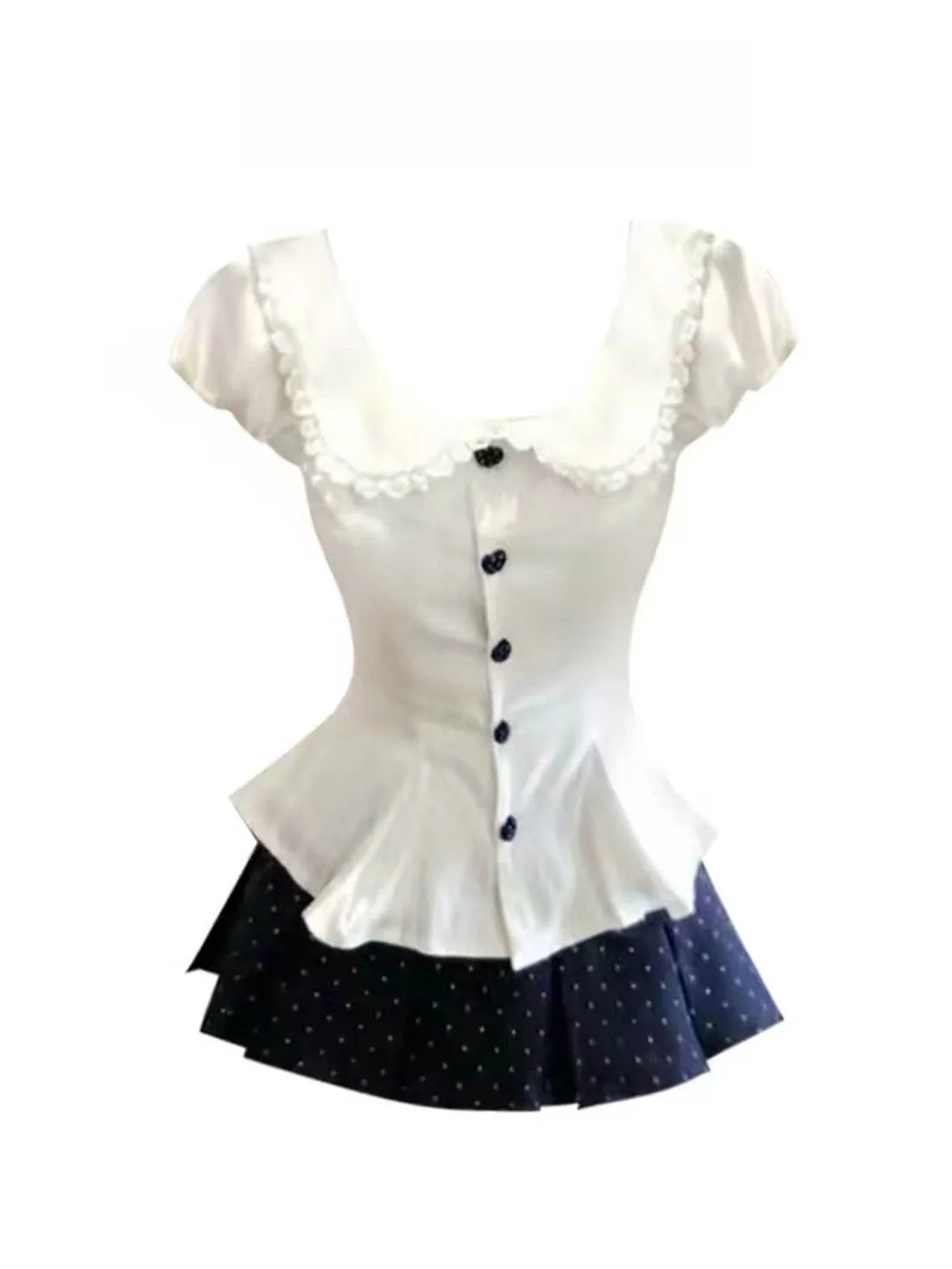 

Sweet Doll Collar Bubble Sleeve Shirt Women Summer Short Sleeve Checkered Half Body Skirt Two Piece Set French Style Breathab...