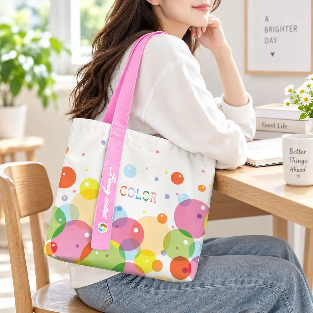 Fashion Bubble Pattern Canvas Bag Colorful Pink Handle Tote Bag Ribbon Detail Shopping Bag Women