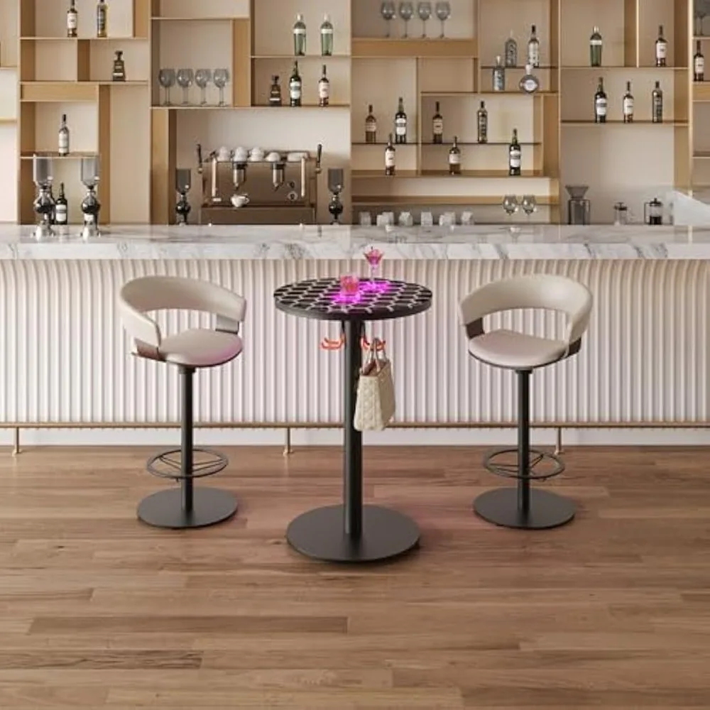 

Bar Table, Modern Round Bar Table with Multi-Colored Lights and Glass Top, Stylish Interactive Cocktail Table with Hool and Meta