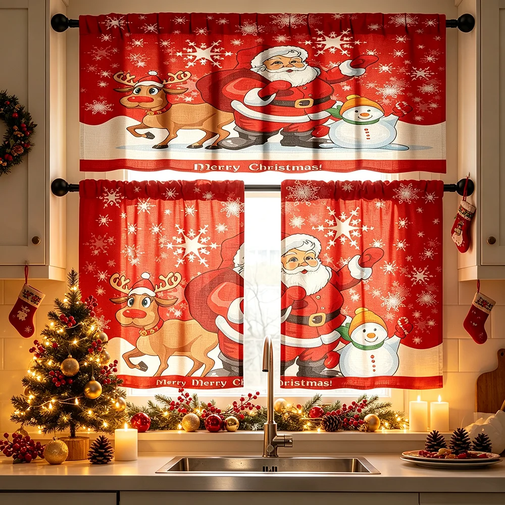 Printed Kitchen Curtain Set, Santa Reindeer, Cute Cartoon Style, Christmas, Valance and Short Curtains, Nice Kitchen Decor
