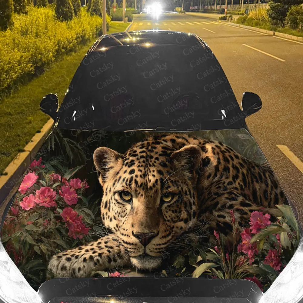 Graceful Floral Leopard Car Hood Stickers - Self-Adhesive, Waterproof and Durable Vinyl Wrap, Decorate And Protect Your Car - Th