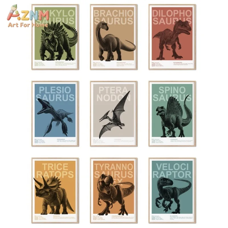 AZNM Retro Dinosaur Canvas Print T-Rex Triceratops Spinosaurus Pteranodon Color Block Dinosaur Name Print Minimalist Wall Poster