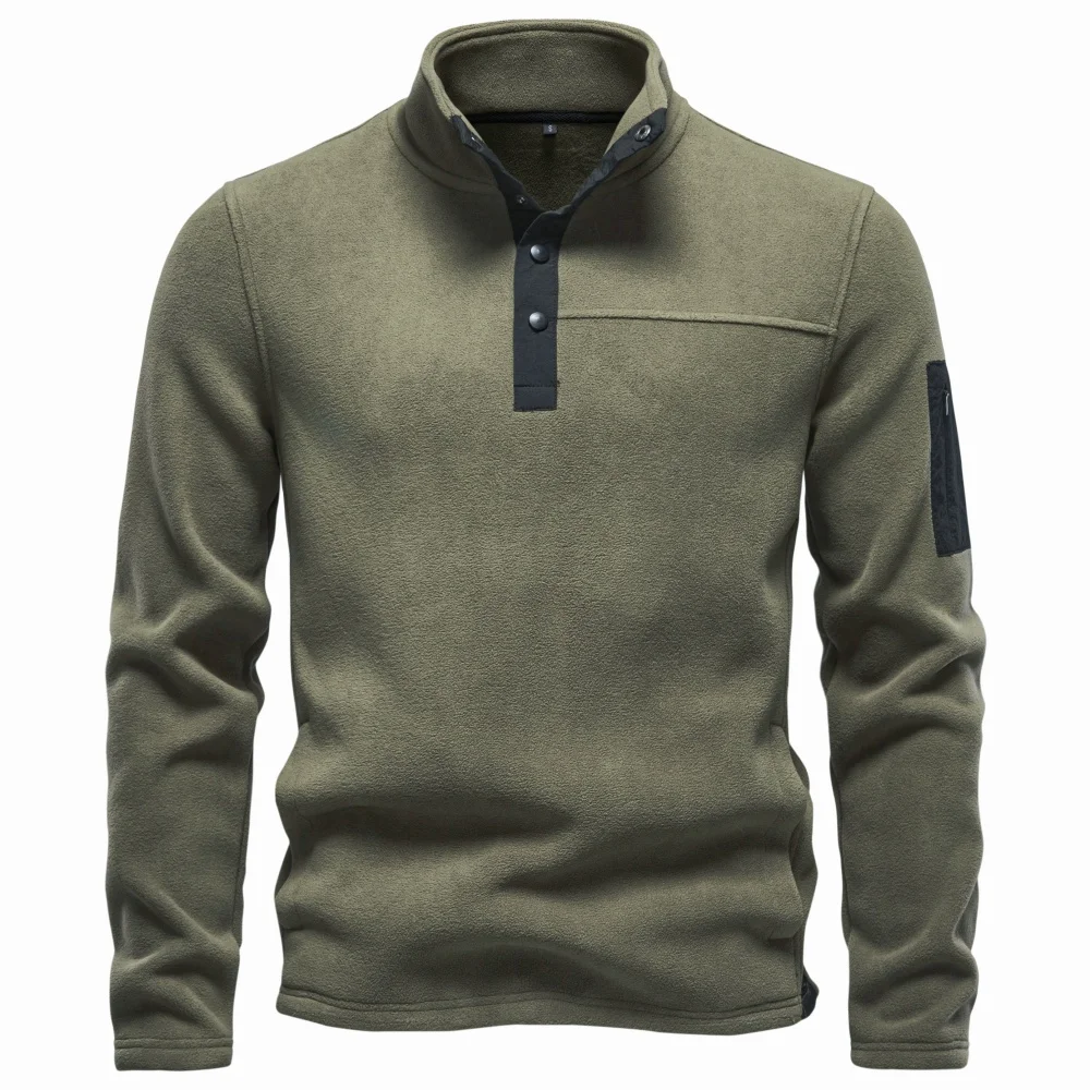 AIOPESON Herren Fleece-Sweatshirt mit mehreren Taschen, Stehkragen, Druckknöpfen, einfarbig, lässiger Outdoor-Pullover, warm für Herbst und Winter. – Detail 4