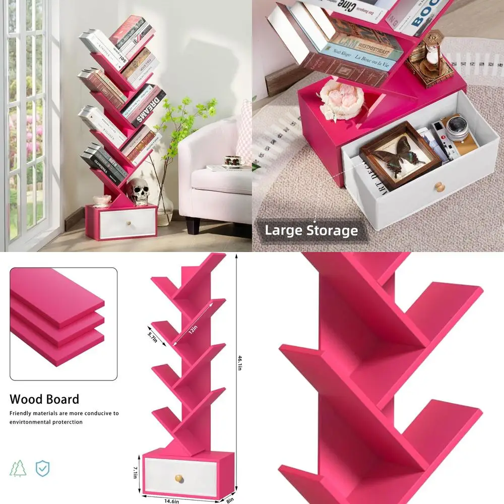 

Розовая 8-ярусная отдельно стоящая деревянная книжная полка для компактных помещений, органайзер для хранения книг в домашнем офисе, гостиной, спальне