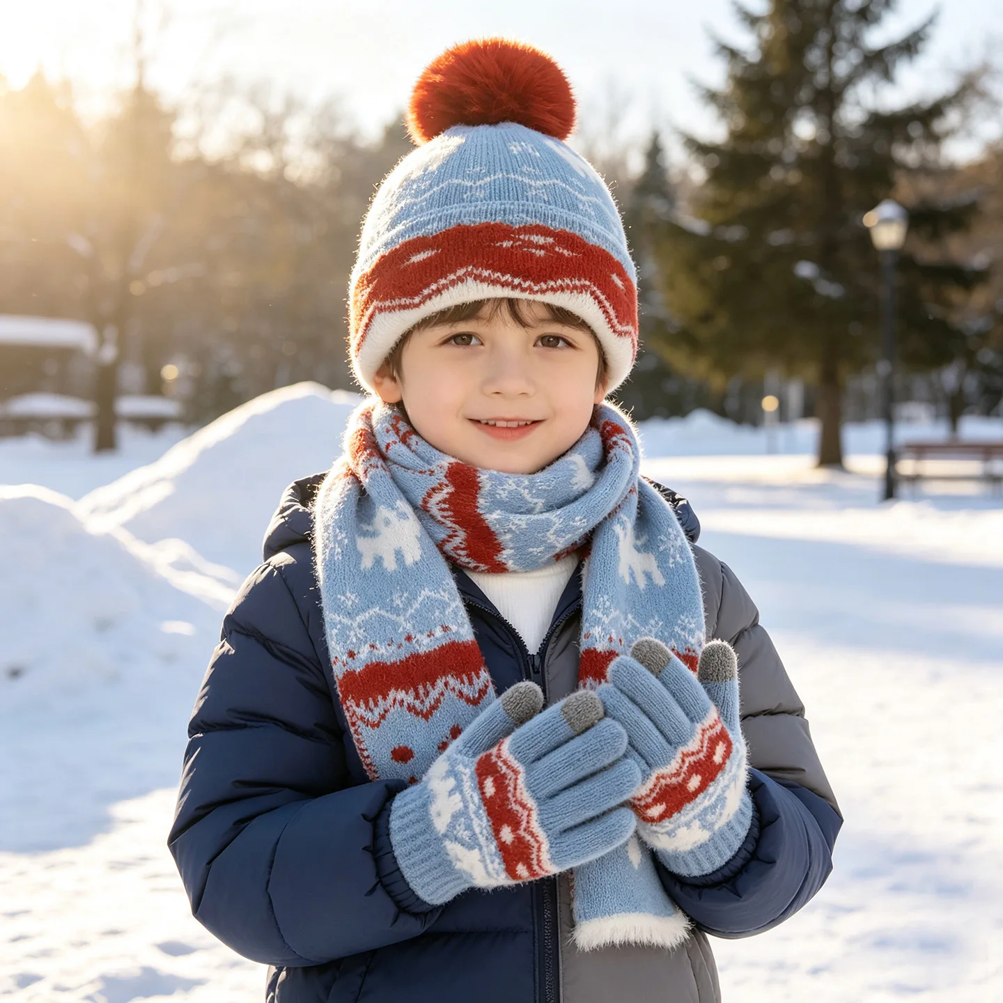 Autumn and Winter Children's Hat Scarf and Gloves three-piece set Snowflake Elk Jacquard Velvet  Warm Knitted Beanie Cap