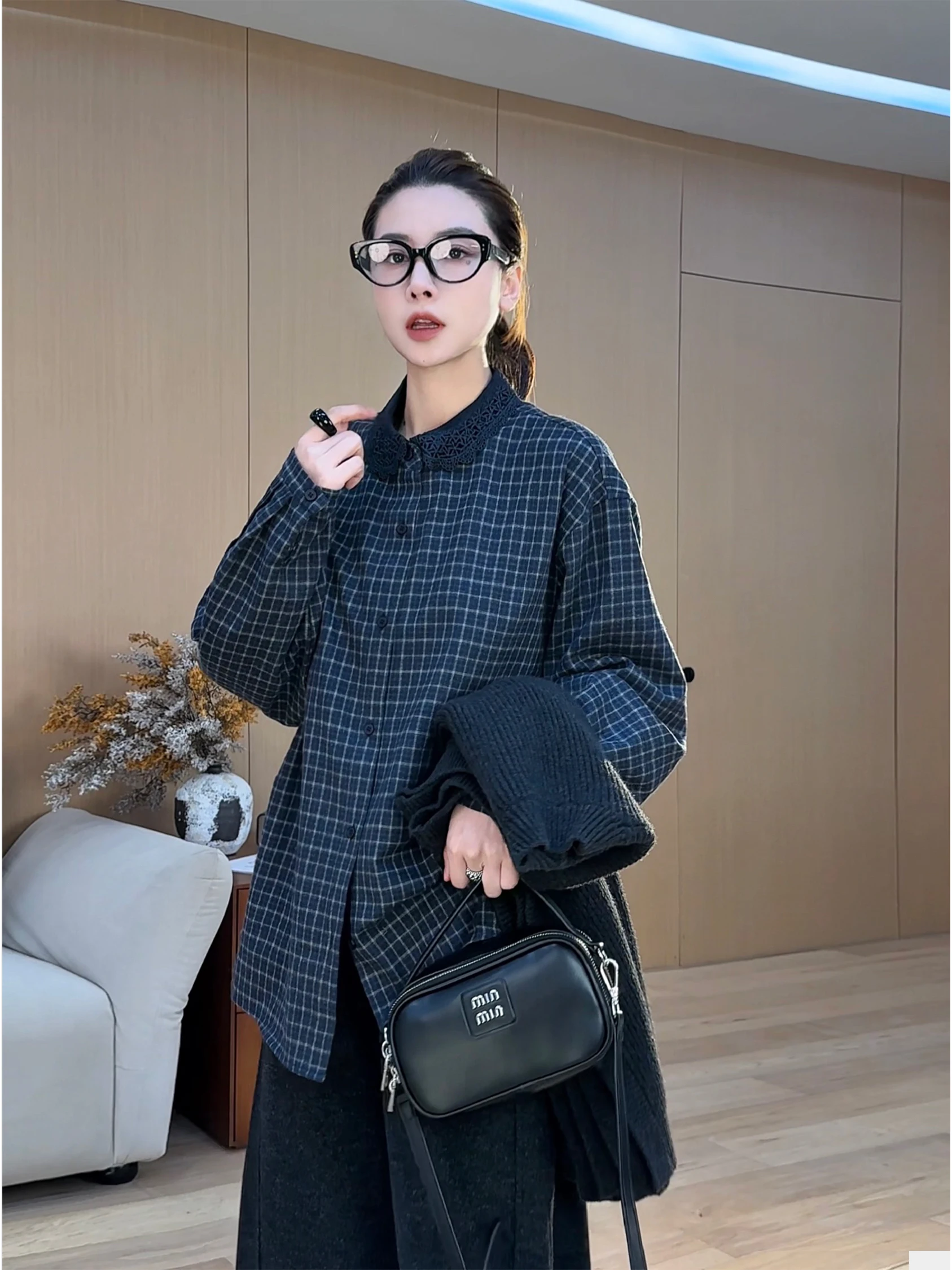 

Classic Plaid irt Hollow out Collar Versatile Slimming Early Spring Casual Sle Women's Long Sve irt C978