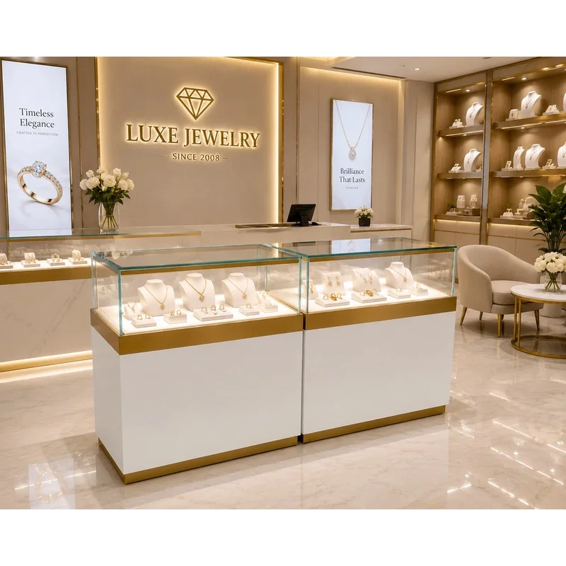 custom.Custom Eco-Friendly Waterproof Heavy-Duty LED Jewelry Display Showcase with Mirror Back Retail Store and Exhibition U
