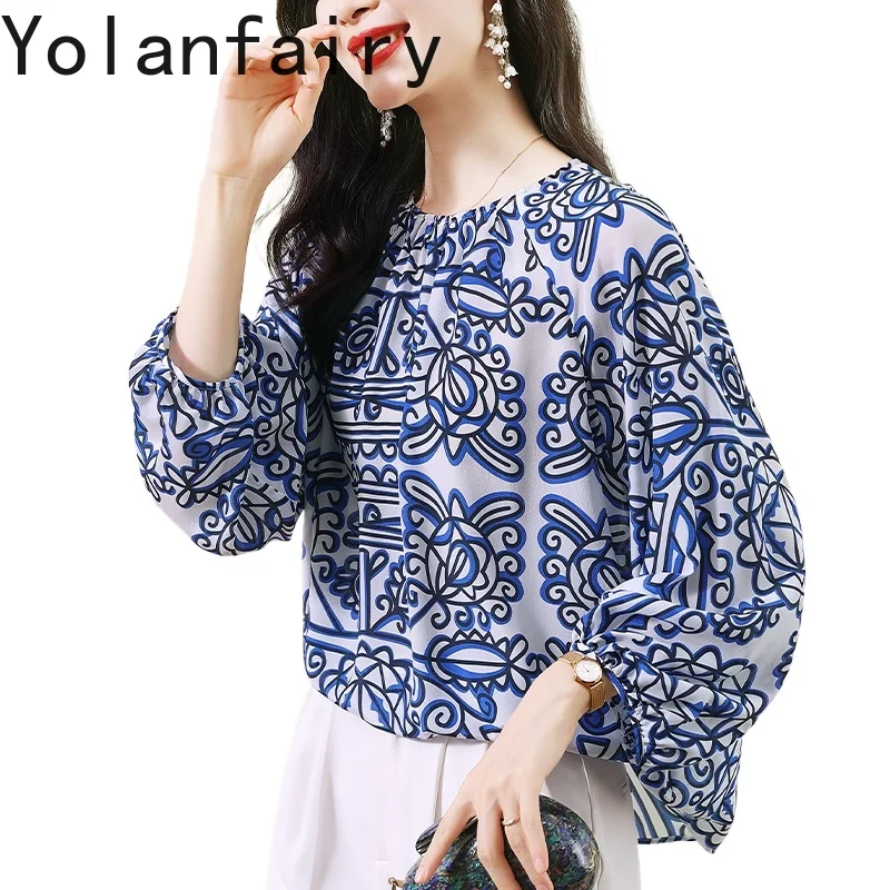 

YOLANFAIRY Fashion 100% Real Mulberry Silk Blouse Woman 2025 Loose Printed T Shirt Women's Clothing Elegant Ladies Tops Blouses