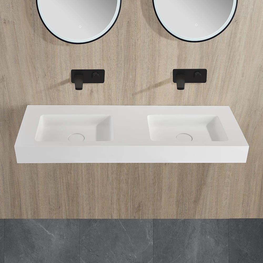 Modern Design Solid Surface Bathroom Vanity Matte White Artificial Stone Double Wash Basin Wall-Hung For Indoor Use