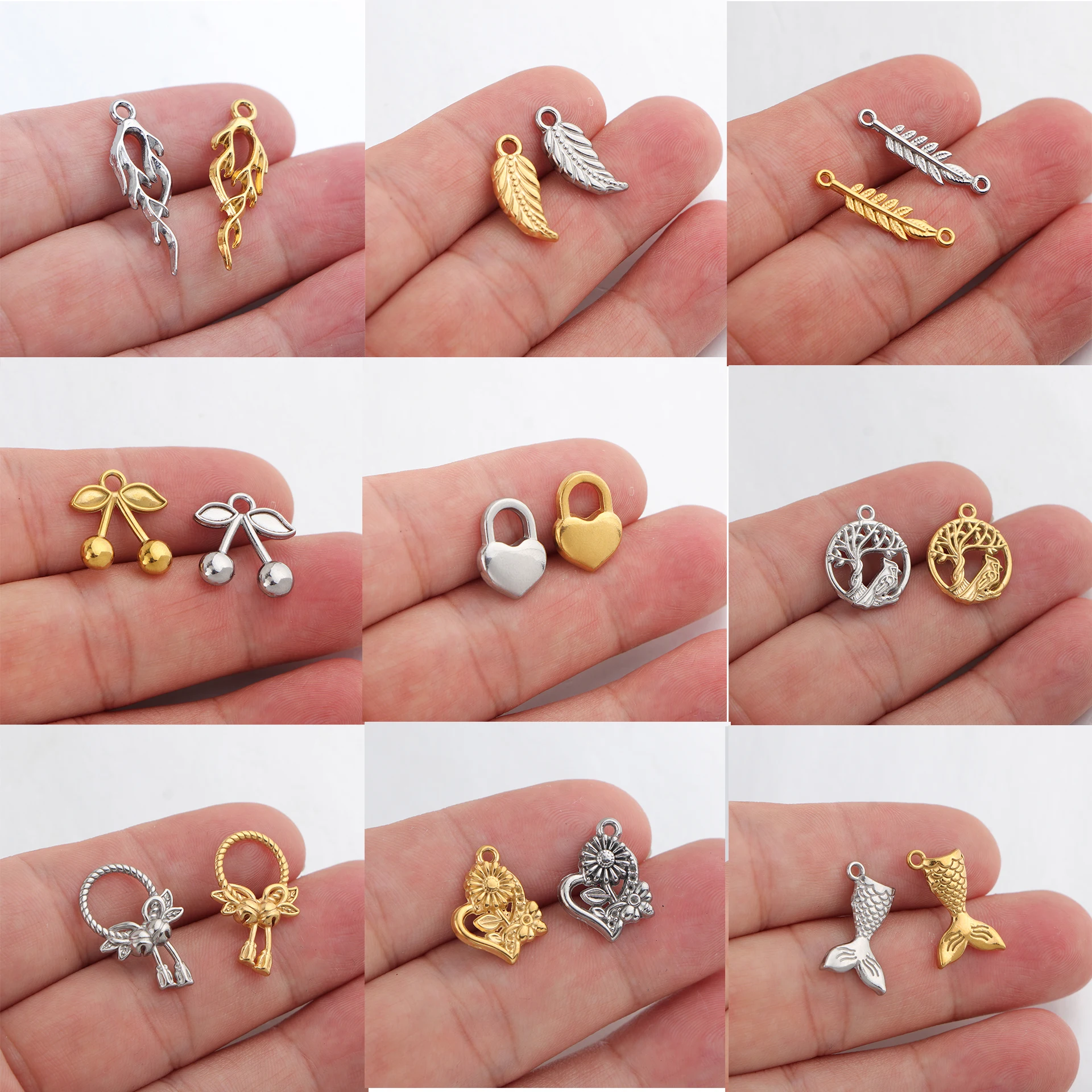 10pcs/lot Stainless Steel Flame Feather Leaf Cherry Lock Garland Tree Flower Fishtail Charms Mini Pendant for DIY Jewelry Making