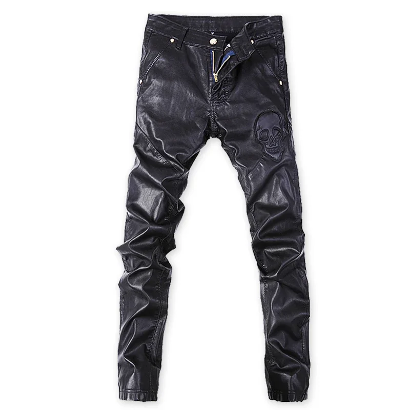 YASUGUOJI New 2023 Outdoors Pu Leather Pants Men Brand Fashion Skull Tag Patchwork Mens Skinny Motorcycle Leather Jeans Men